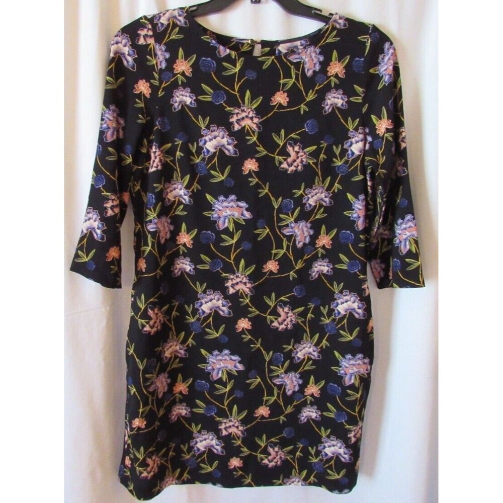H & M Black Floral Shift Mid Length 3/4 Sleeve Dress Size 10